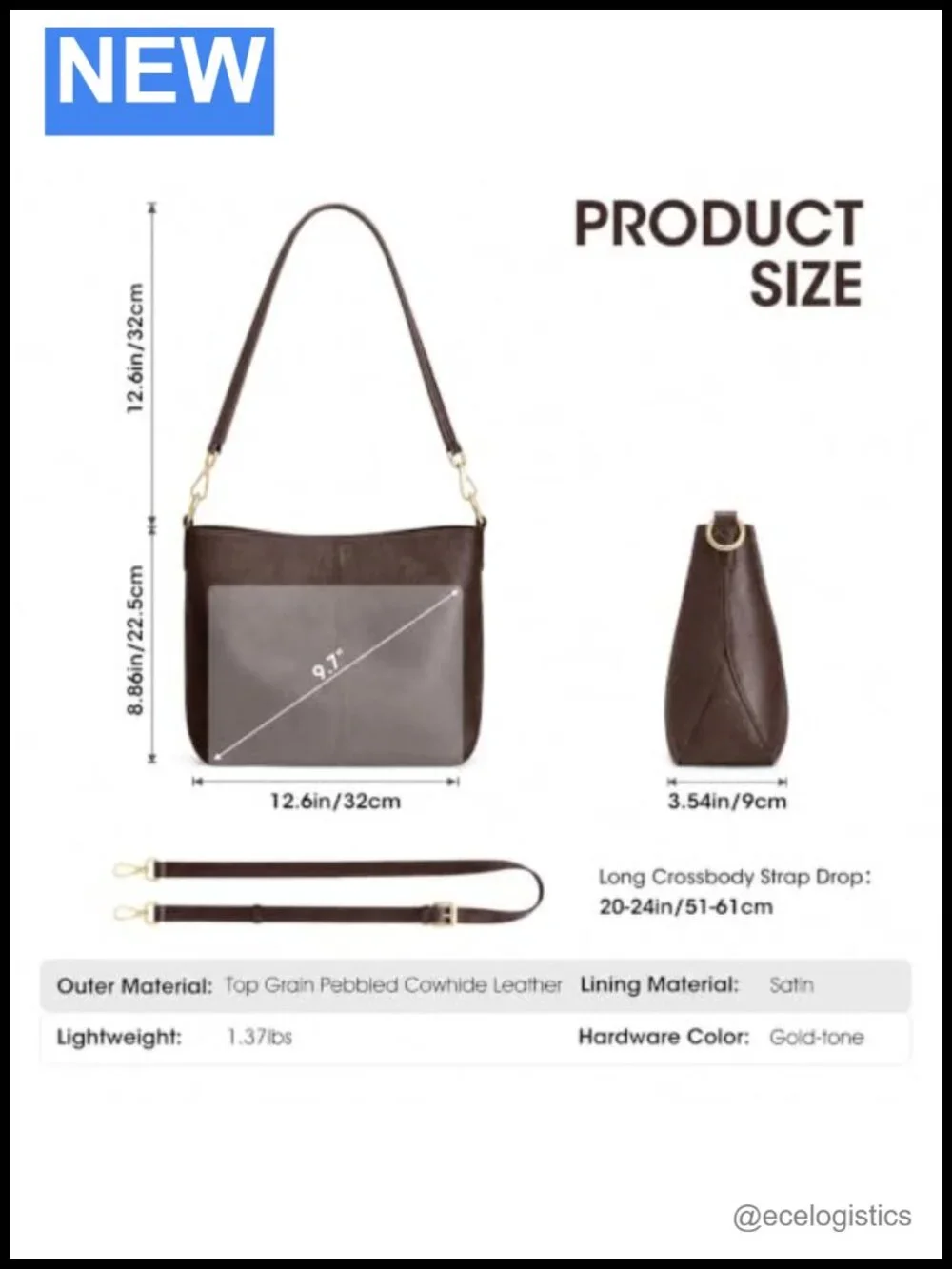 Genuine Leather Hobo Crossbody Bag with 2 Straps, Multi-Pocket Satchel